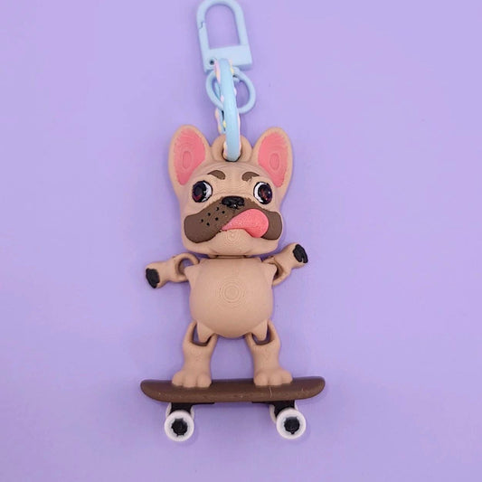 Skateboard French Bulldog Jiggly Keychain - One of a Kind, Artist Designed Keychains