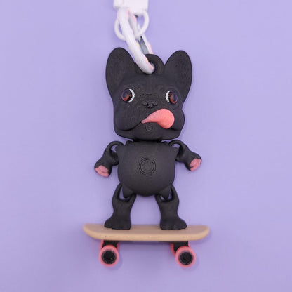 Skateboard French Bulldog Jiggly Keychain - One of a Kind, Artist Designed Keychains