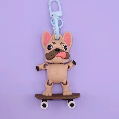 Skateboard French Bulldog Jiggly Keychain - One of a Kind, Artist Designed Keychains