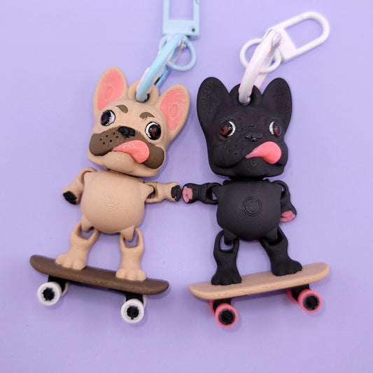 Skateboard French Bulldog Jiggly Keychain - One of a Kind, Artist Designed Keychains