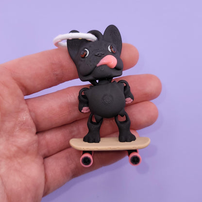 Skateboard French Bulldog Jiggly Keychain - One of a Kind, Artist Designed Keychains